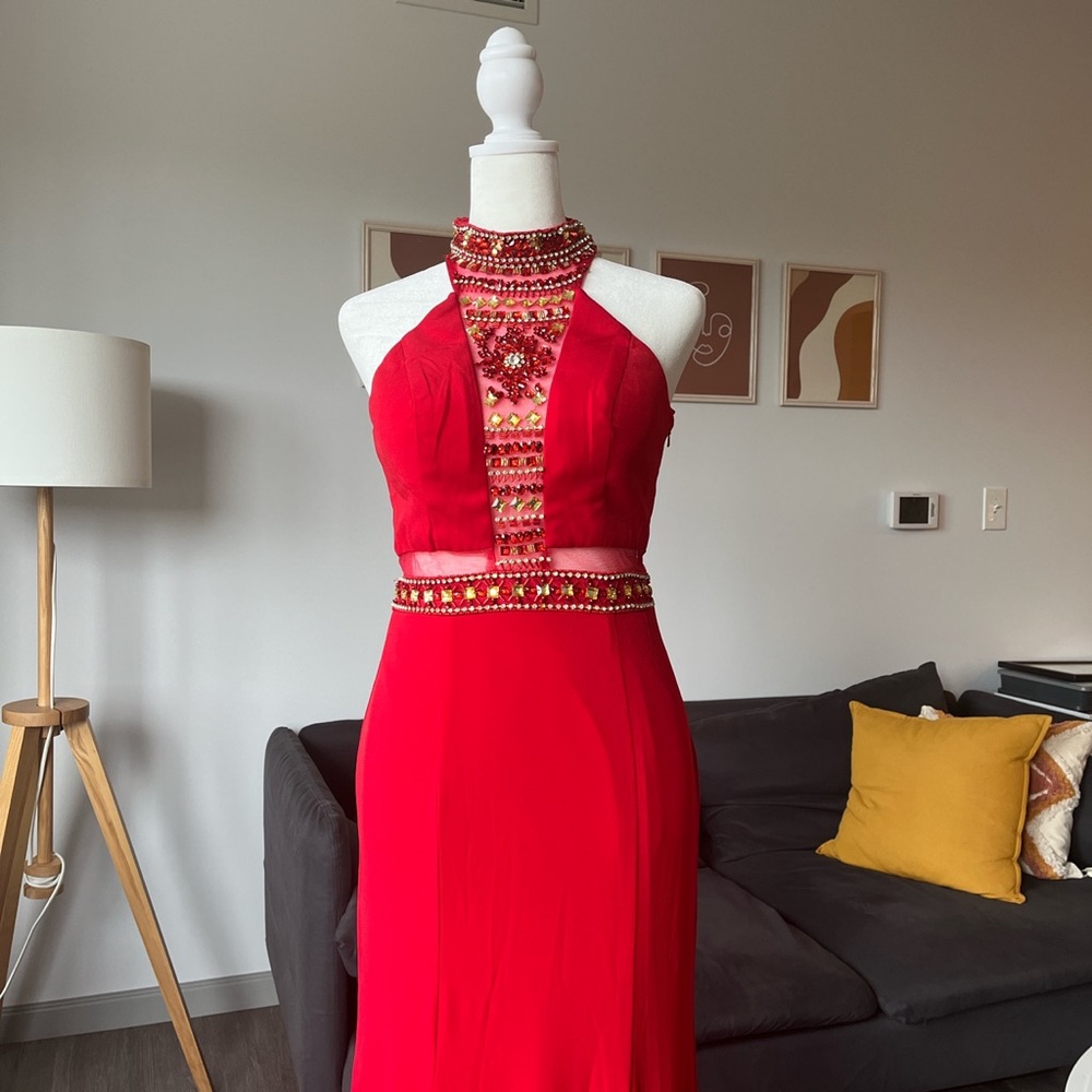 Red beaded prom dress. Size 1/2.